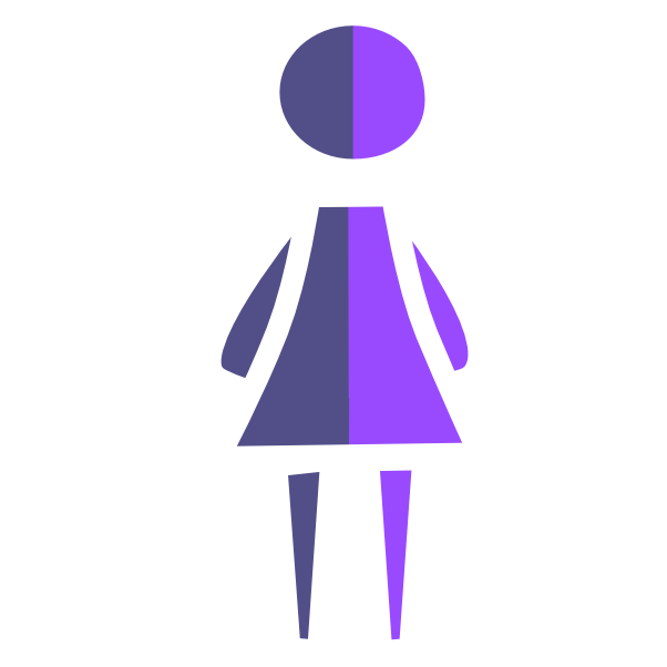 a simplified figure of a purple person that has a dress-shaped triangle body with the right half being a lighter purple. The image has light line art.